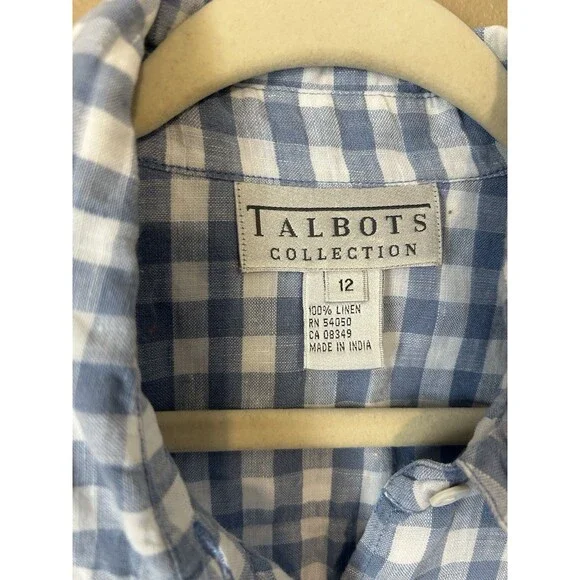 Talbots Top Women L Drawstring Blue Linen Gingham Plaid Long Sleeve Capsule VTG - Picture 2 of 12